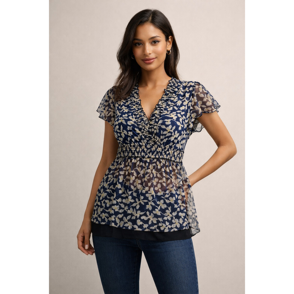 Alfani Petite P Navy Blue Floral Sheer Mesh Blouse Empire Waist